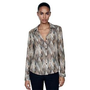 VTG Talbots sz 2 Silk Geometric Brown Tan Long Sleve Button Down Preppy 90s